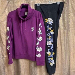 PINK Victorias Secret Purple Gray Floral Lounge Sweater Leggings Set XL